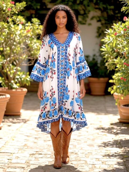 Kate C. Dresses & Skirts - Kate C. White Floral Print V-Neck 3/4 Sleeve Hi-Low Tunic Dress Size M GUC